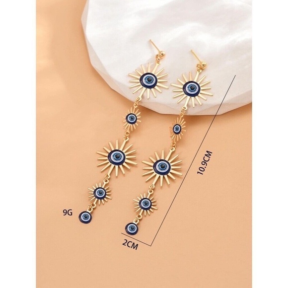 NEW! Long Dangle Blue Gold Sun Shoulder Duster Earrings Post Boho Festival - Picture 6 of 7